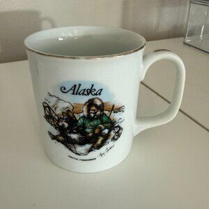 Vintage Alaska Souvenir Mug with Gold - Doug Lindstrom Artist  - Artic Fisherman
